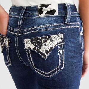 "Miss Me" Dk blue Cowhide Rhinestones Flaps Mid-Rise Bootcut jeans(25x36) NWOT